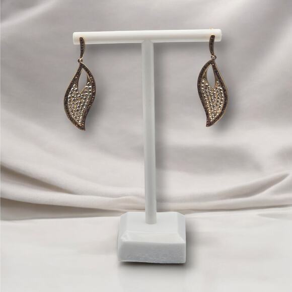 Champagne & Brown Rhinestone Leaf Drop Dangle 925 Earrings - Modern Elegance main image 1